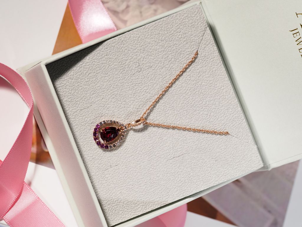 Axora Jewellery Rhodolite Necklace Dangling necklace package