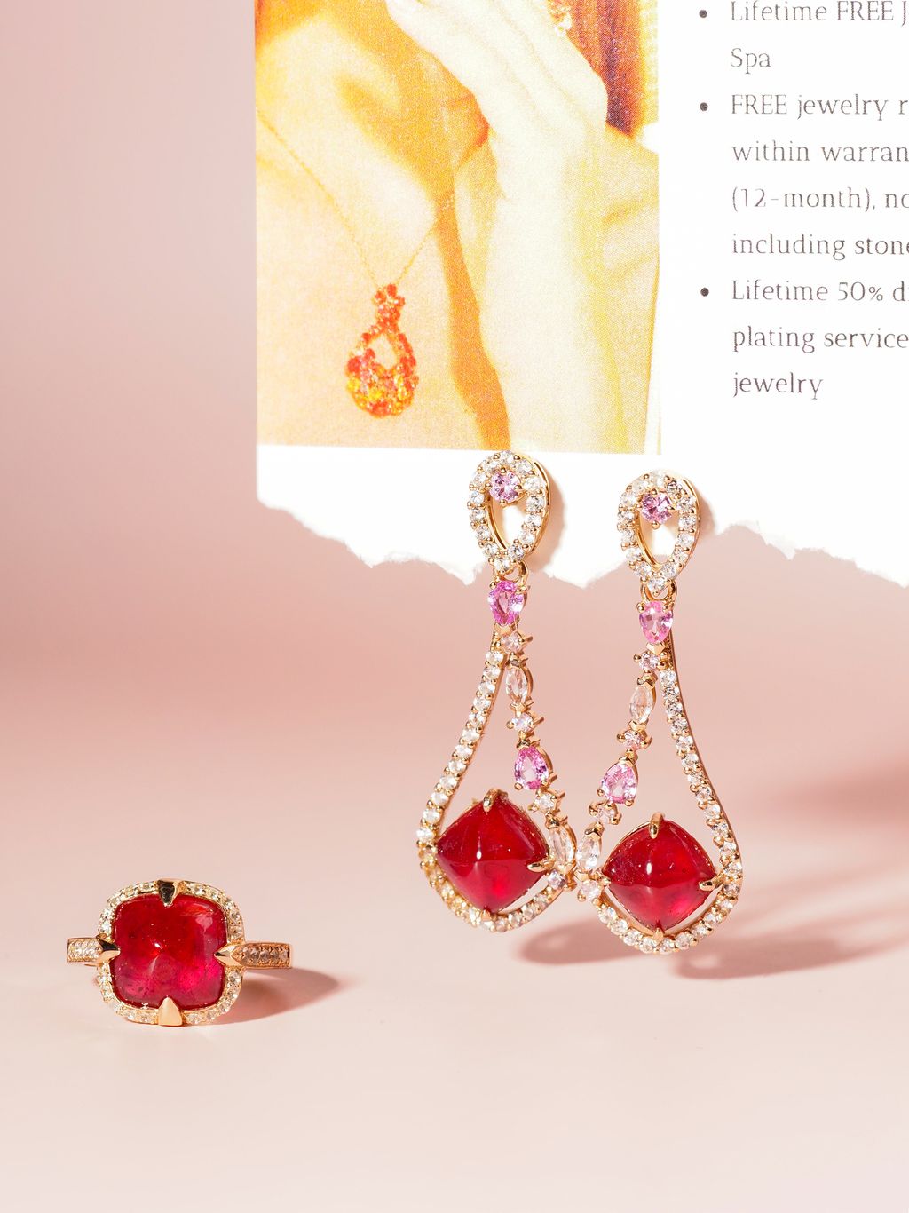 Sugarloaf glass filled ruby galaxy earrings axora jewellery with front ring