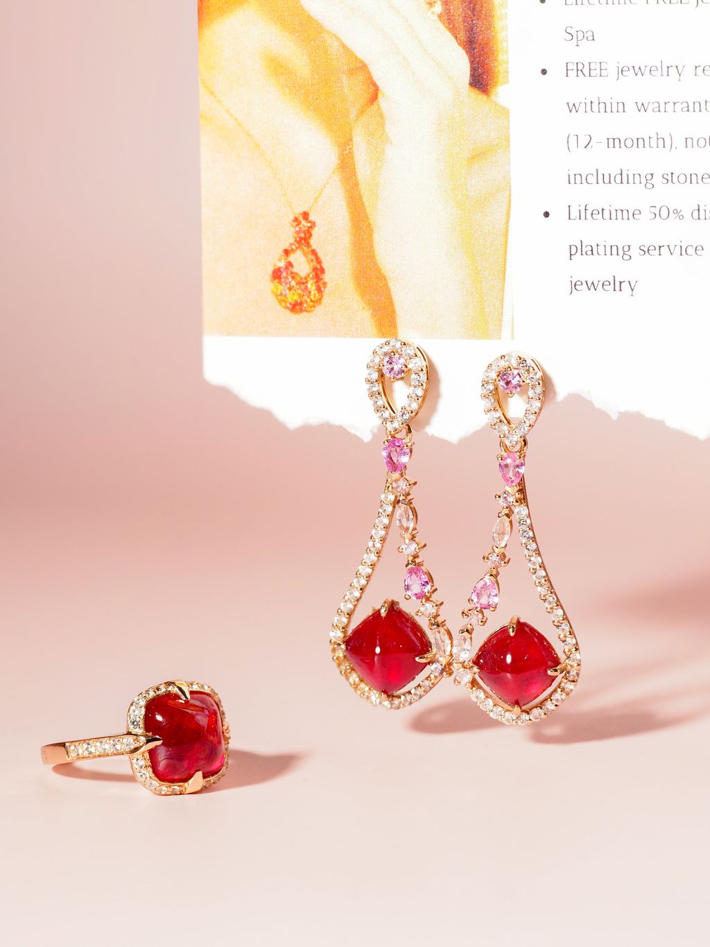 Sugarloaf glass filled ruby galaxy earrings axora jewellery with matching ring