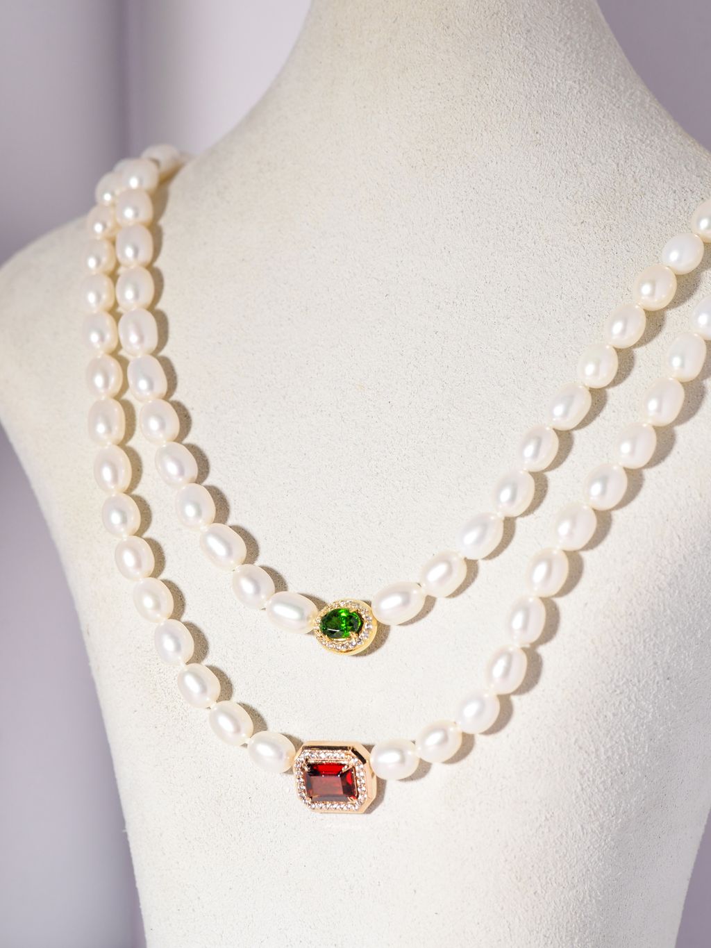 pearl necklace chrome diopside axora jewellery on model