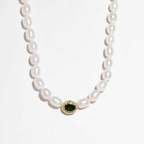 pearl necklace chrome diopside axora jewellery white background