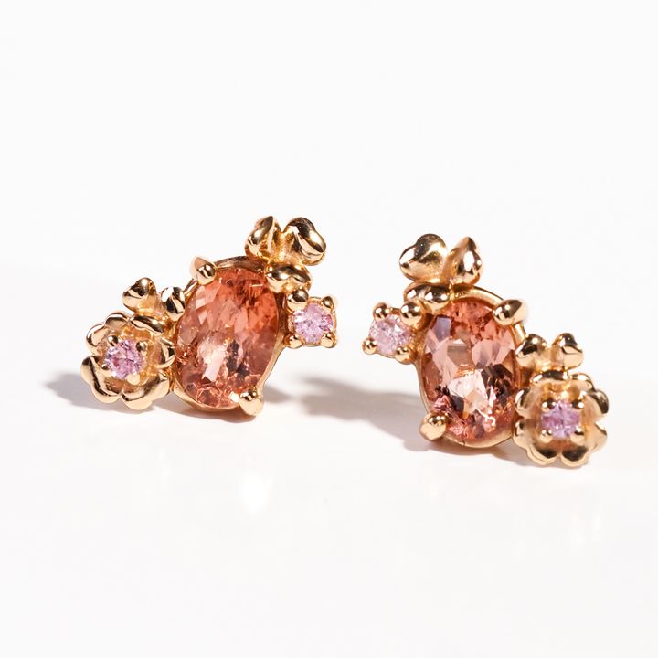 padparadscha tourmaline clover earrings white bg