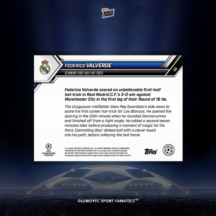 Topps Now Valverde 2025/26 歐冠 球星卡 背面圖