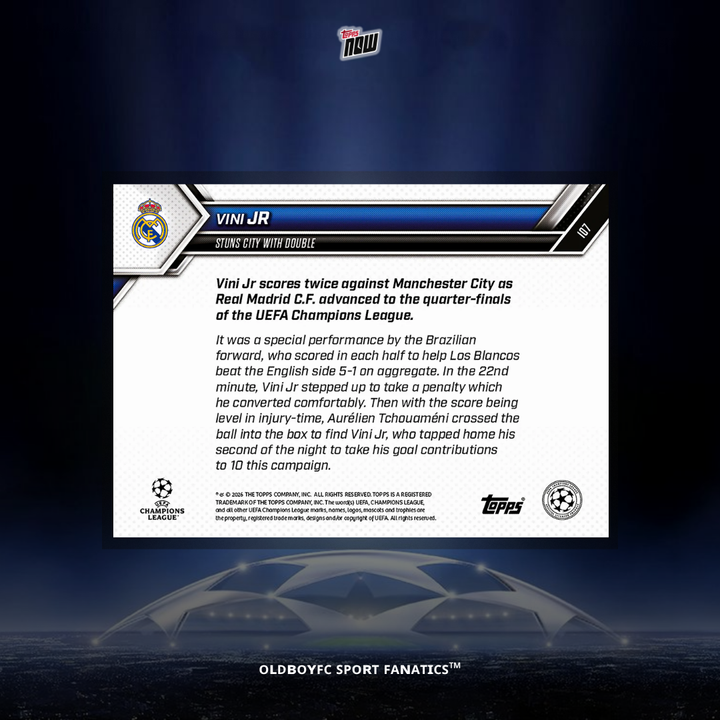 Topps Now Vini Jr 2025/26 歐冠 球星卡 背面圖