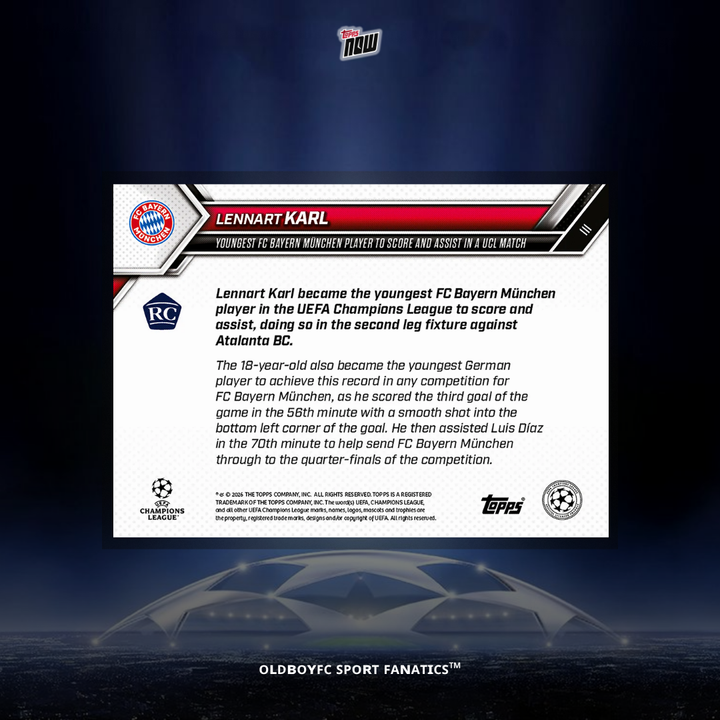 Topps Now Lennart Karl 2025/26 歐冠 球星卡 背面圖