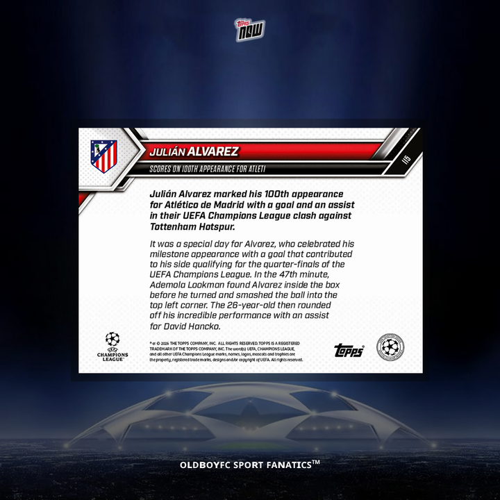 Topps Now Álvarez 2025/26 歐冠 球星卡 背面圖
