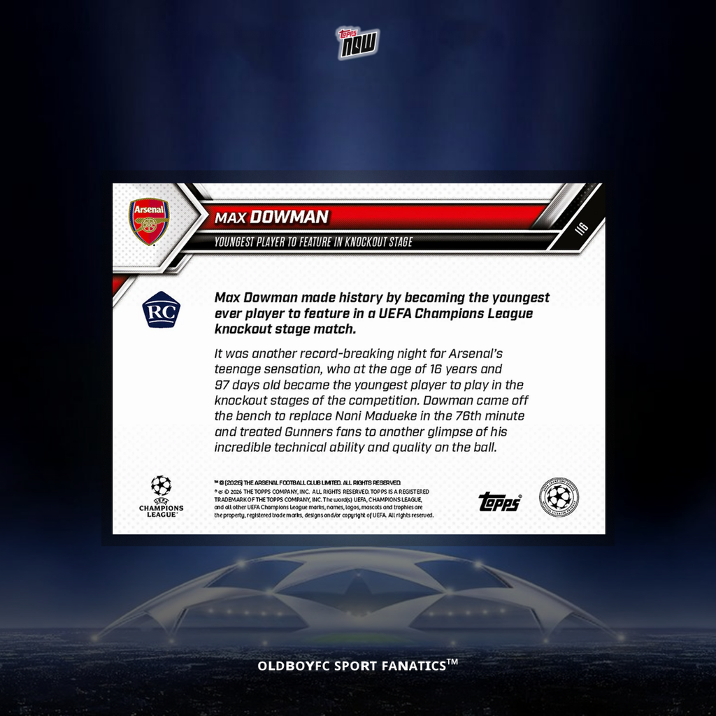 Topps Now Max Dowman 25/26 UCL 球星卡 背面圖
