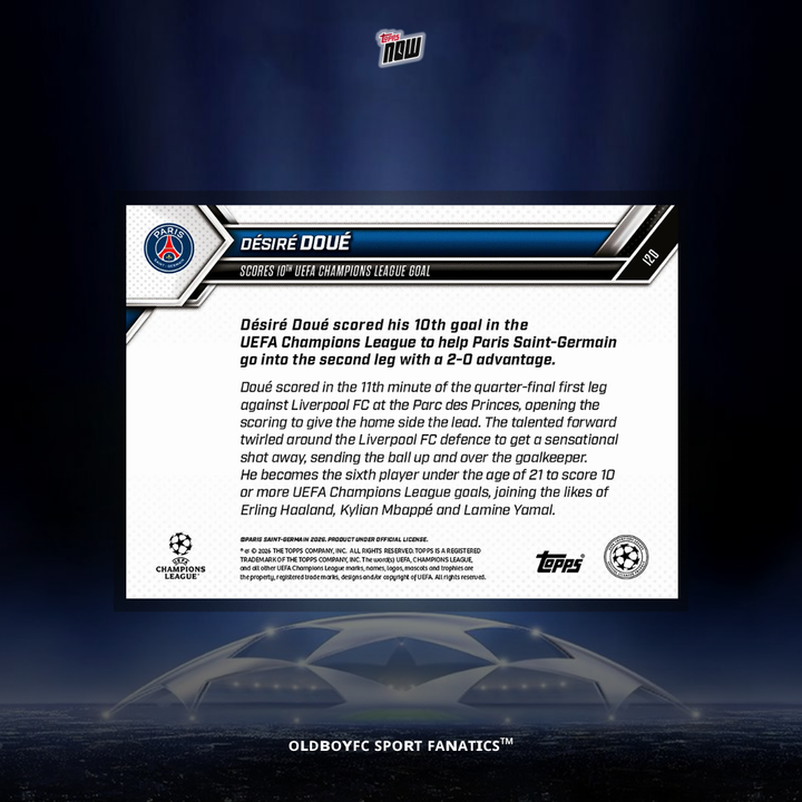Topps Now Désiré Doué 25/26 UCL 球星卡 背面圖