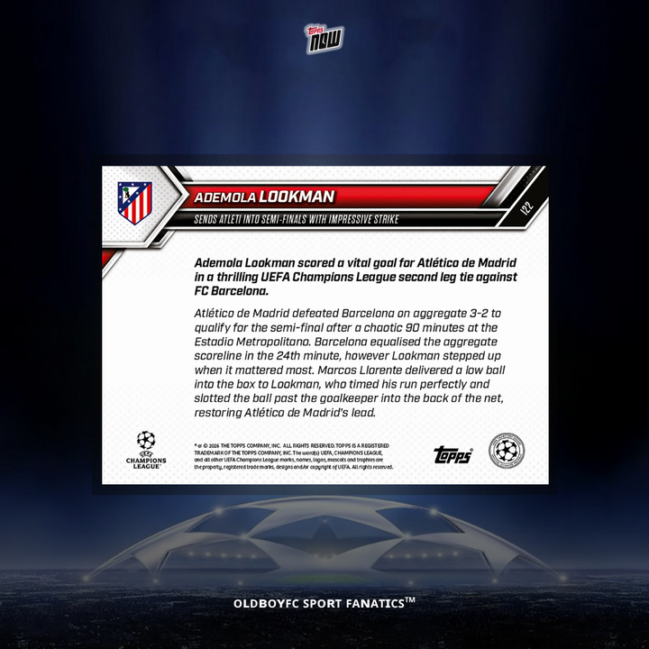 Topps Now Lookman 2025-26 歐冠 球星卡 背面圖