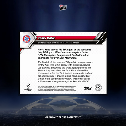 Topps Now Harry Kane 2025-26 歐冠 球星卡 背面圖