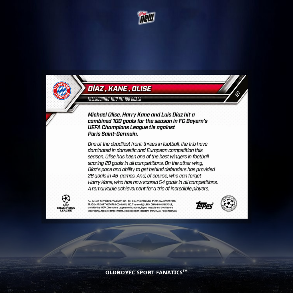 Topps Now Kane Olise Diaz 25/26 UCL 球星卡 背面圖