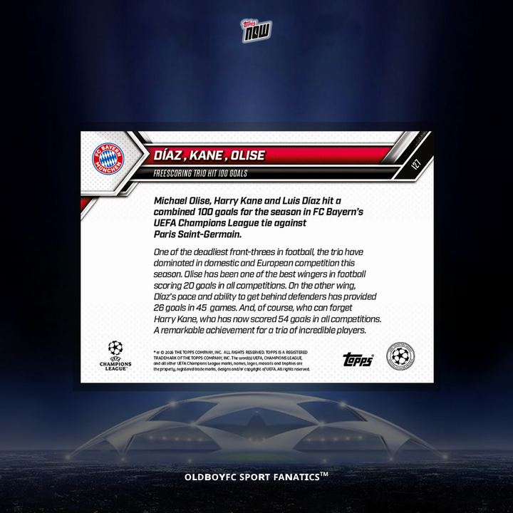 Topps Now Kane Olise Diaz 25/26 UCL 球星卡 背面圖