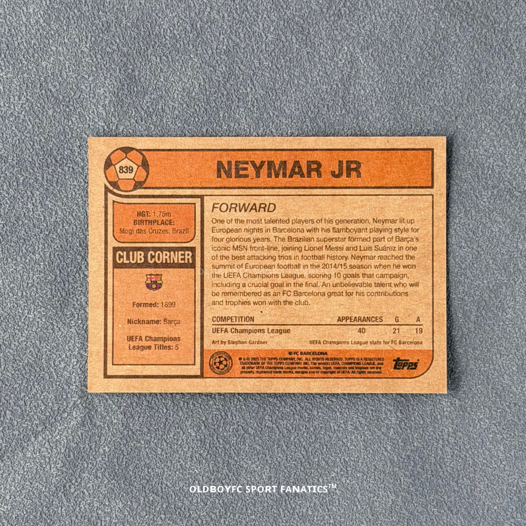 Neymar Jr Topps Living Set #839 卡片背面資訊