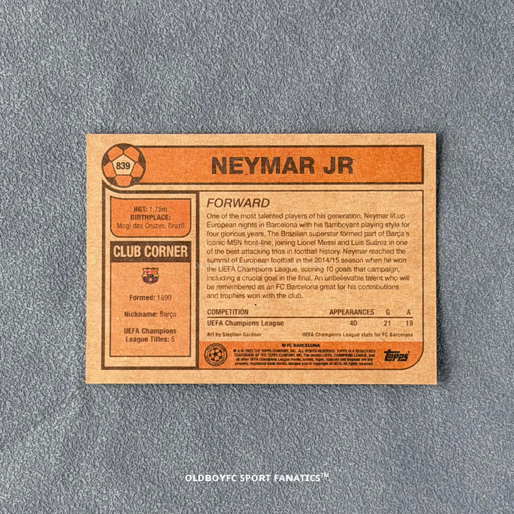 Neymar Jr Topps Living Set #839 卡片背面資訊