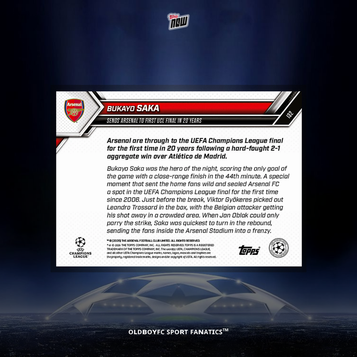 Topps Now Bukayo Saka 25/26 UCL 球星卡 背面圖