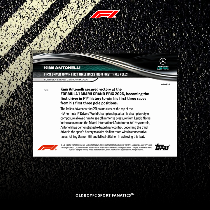 Topps Now Kimi Antonelli 2026 F1 邁阿密大獎賽 球星卡 背面圖