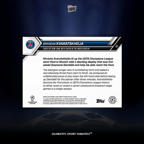 Topps Now Khvicha Kvaratskhelia 25/26 歐冠球星卡 背面圖