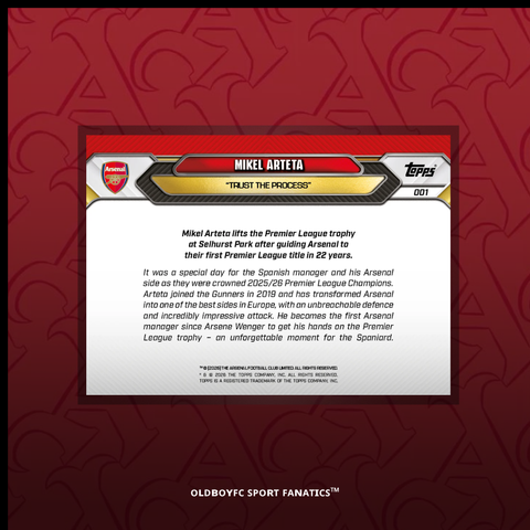 Topps Now Mikel Arteta 25/26 阿森納 球星卡 背面圖
