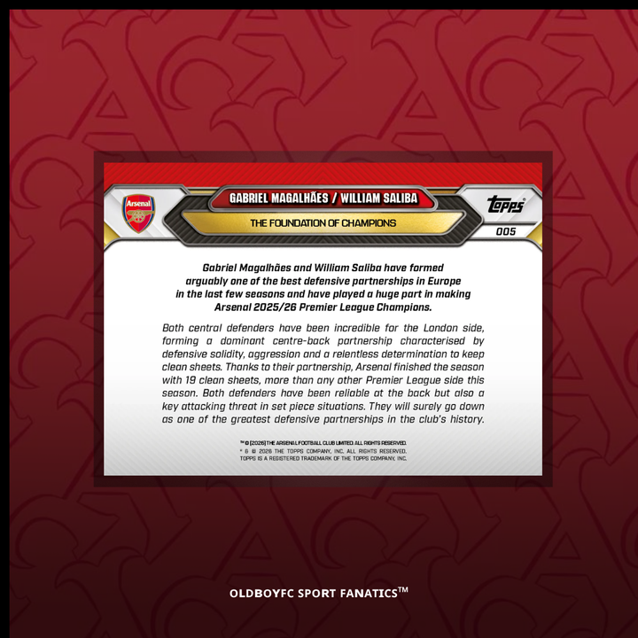 Topps Now Gabriel Magalhães William Saliba 25/26 阿森納 球星卡 背面圖