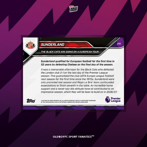 Topps Now Sunderland 25/26 英超 球星卡 背面圖
