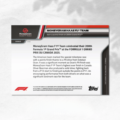 Topps Now Haas F1 車隊 2025 F1 球星卡 背面圖