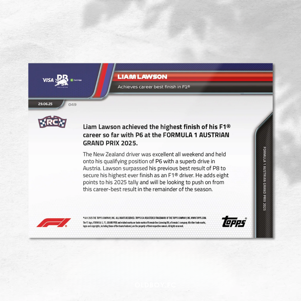 Topps Now Liam Lawson 2025 F1 奧地利大獎賽 球星卡 背面圖