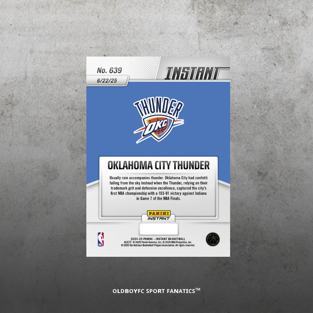 Panini Instant OKC 雷霆 2025 NBA 總冠軍卡 背面圖