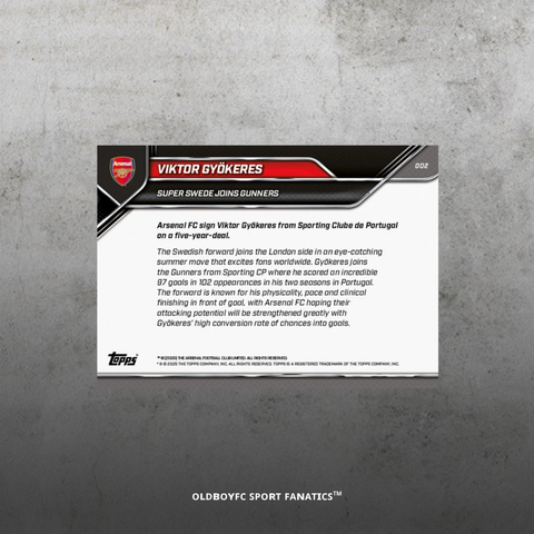 Topps Now Gyökeres 2025 加盟阿森納 球星卡 背面圖