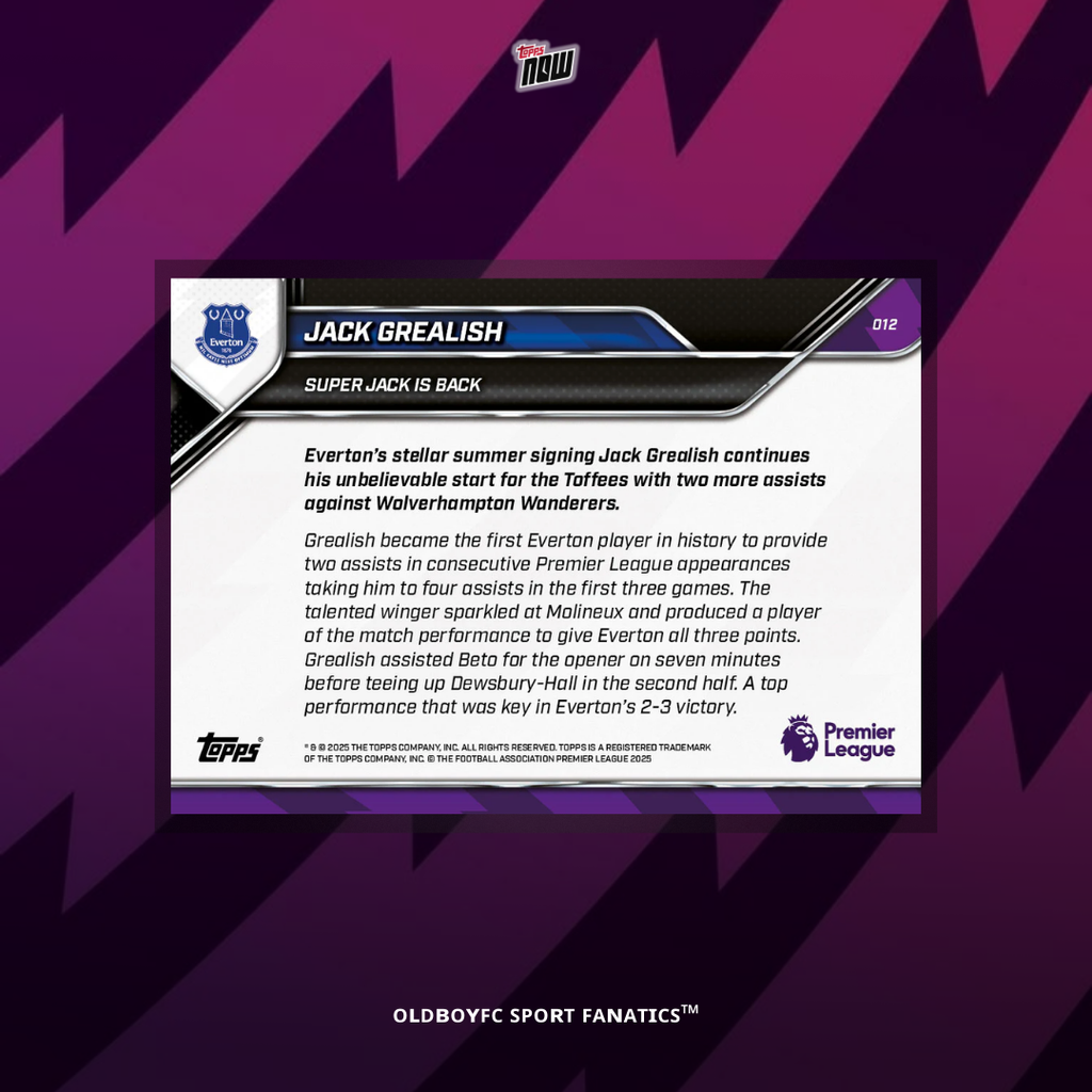 Topps Now Jack Grealish 25/26 英超 球星卡 反面圖