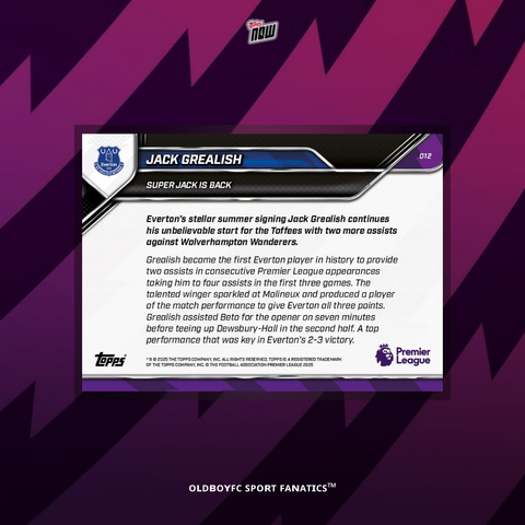 Topps Now Jack Grealish 25/26 英超 球星卡 反面圖
