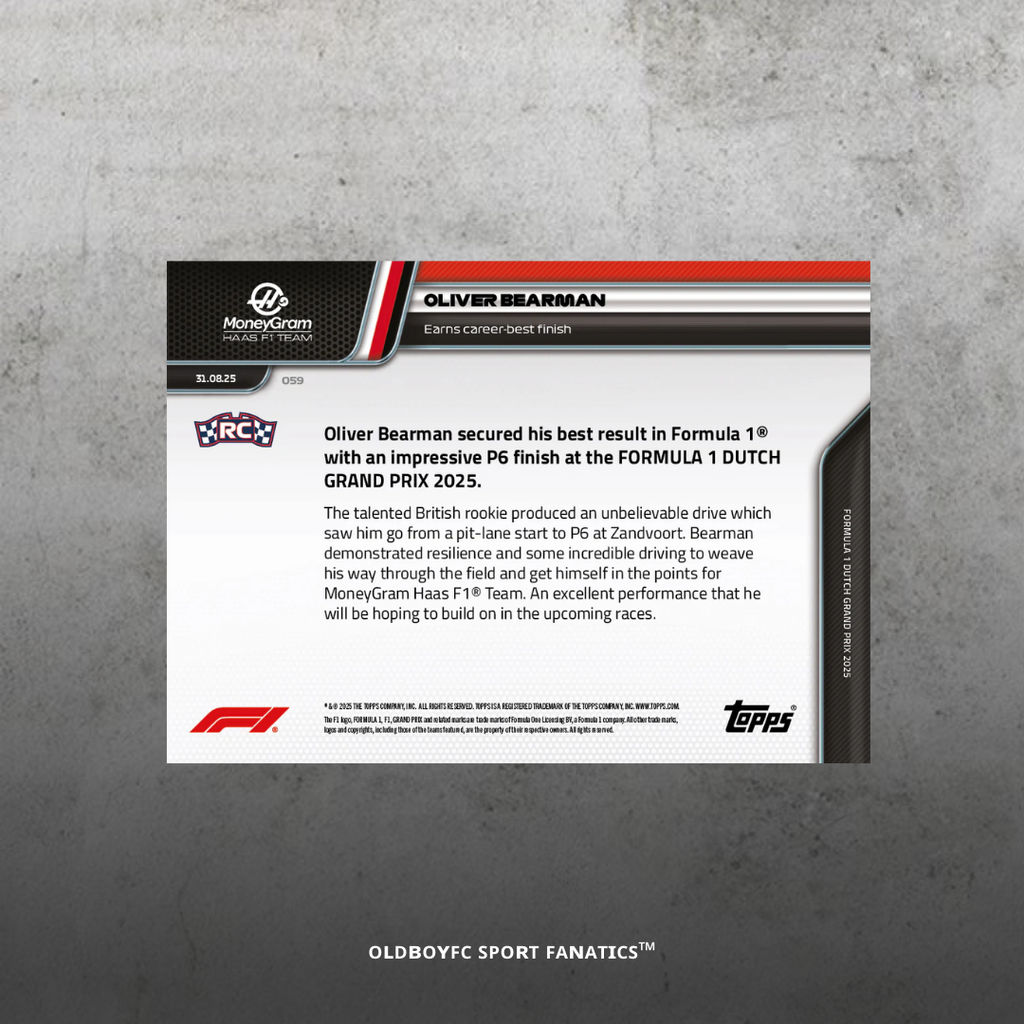 Topps Now Oliver Bearman 2025 荷蘭大獎賽 F1 球星卡 反面圖
