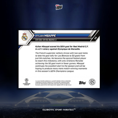 Topps Now Kylian Mbappé 25/26 歐冠 球星卡 背面圖