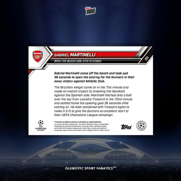 Topps Now Gabriel Martinelli 25/26 歐冠 球星卡 背面圖