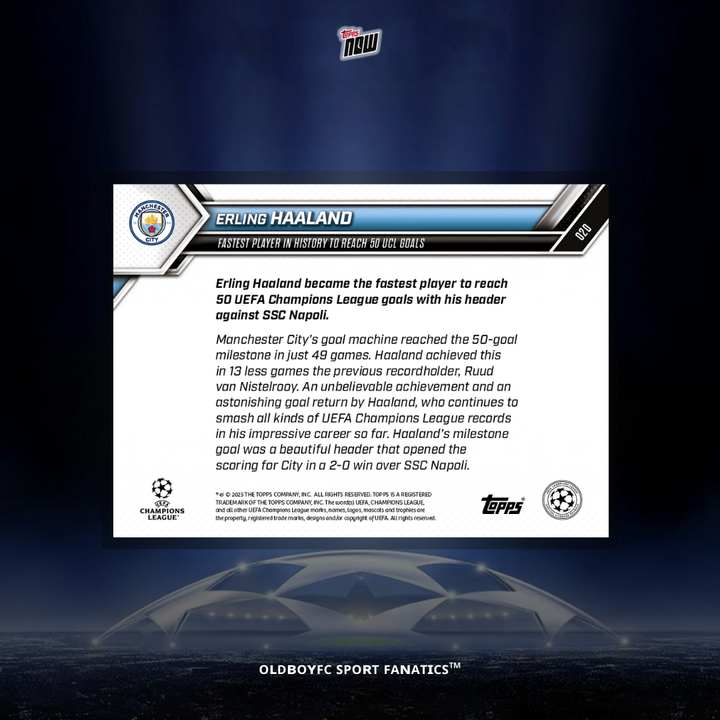 Topps Now Erling Haaland 25/26 歐冠 球星卡 背面圖