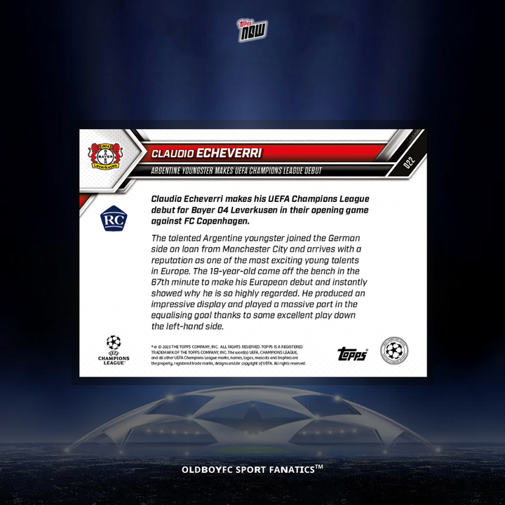 Topps Now Claudio Echeverri 25/26 歐冠 球星卡 背面圖