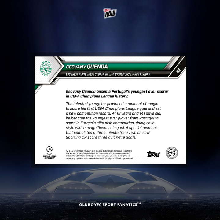 Topps Now Geovany Quenda 25/26 歐冠 球星卡 背面圖