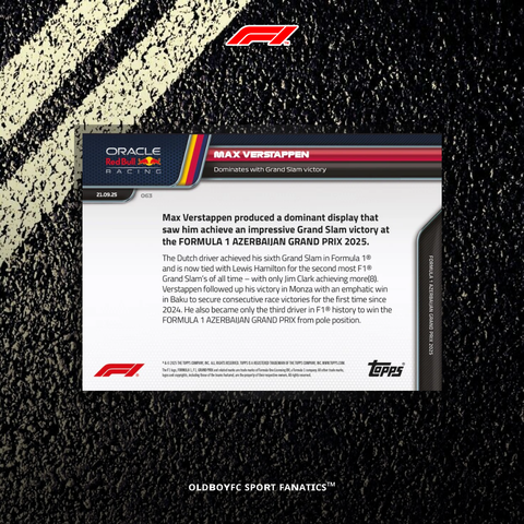 Topps Now Max Verstappen 2025 F1 亞塞拜然大獎賽 球星卡 背面圖
