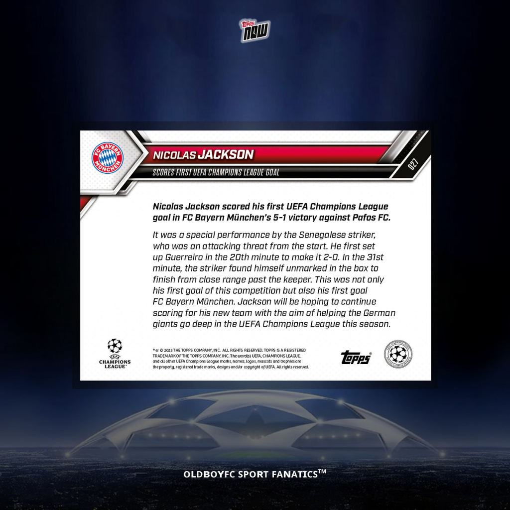 Topps Now 傑克森 25/26 UCL 球星卡 背面圖