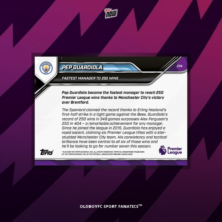 Topps Now Pep Guardiola 25/26 英超 球星卡 背面圖