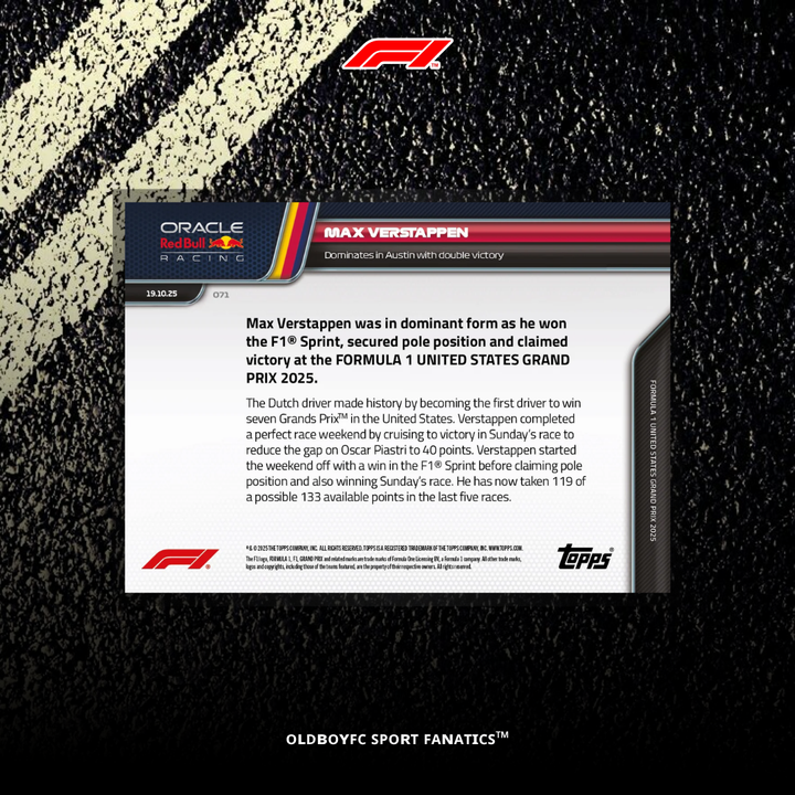 Topps Now Max Verstappen 2025 美國大獎賽 球星卡 背面圖