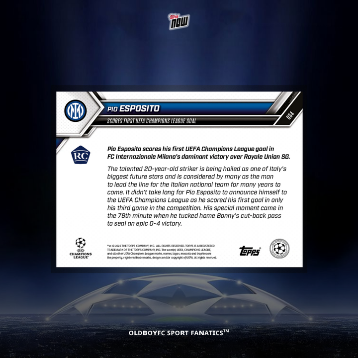 Topps Now Pio Esposito 25/26 UCL 球星卡 背面圖