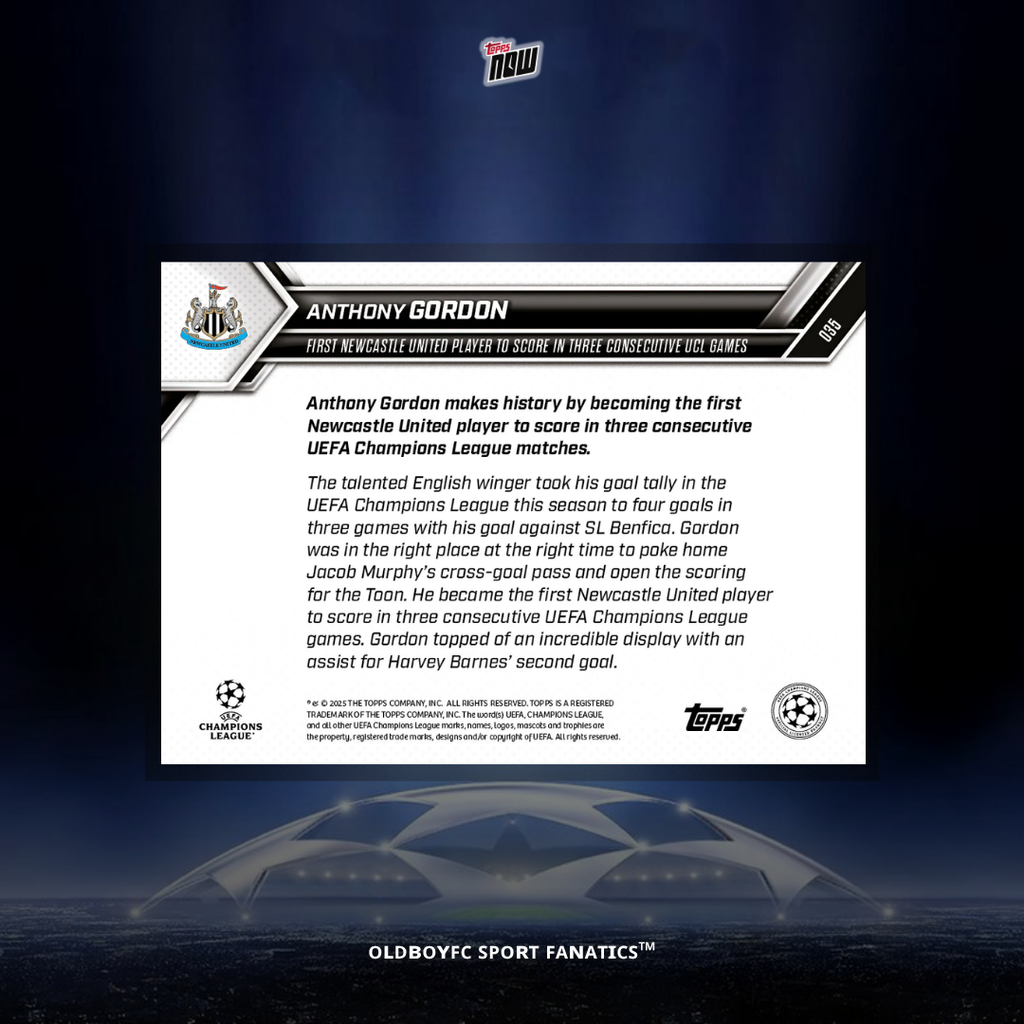 Topps Now Anthony Gordon 25/26 UCL 球星卡 背面圖