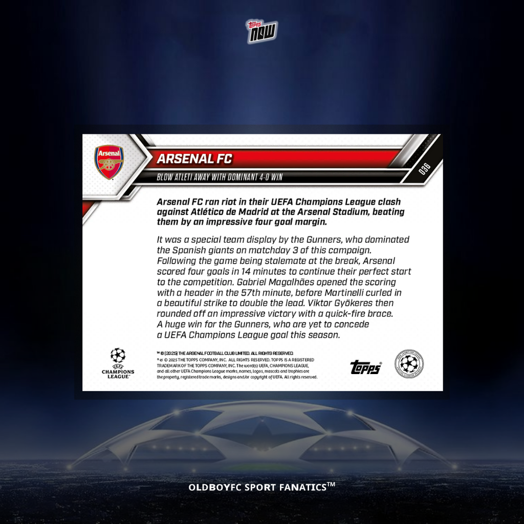Topps Now Arsenal FC 25/26 UCL 球星卡 背面圖