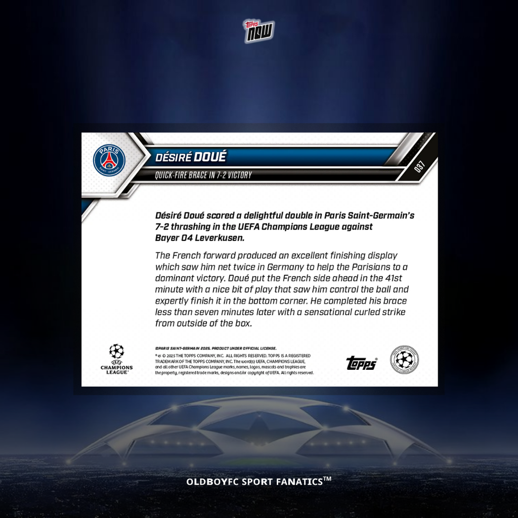 Topps Now Désiré Doué 25/26 UCL 球星卡 背面圖