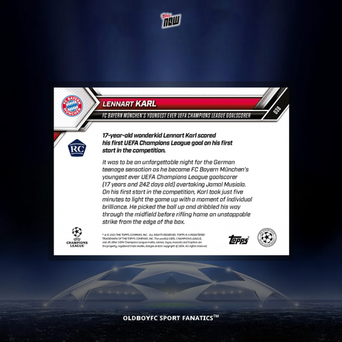 Topps Now Lennart Karl 25/26 歐冠 球星卡 背面圖
