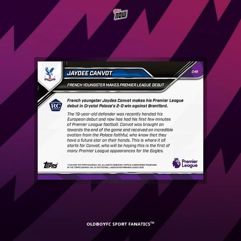 Topps Now Jaydee Canvot 25/26 英超 球星卡 背面圖