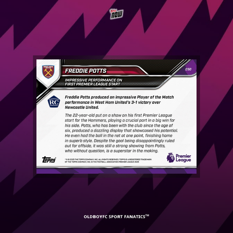 Topps Now Freddie Potts 25/26 英超 球星卡 背面圖