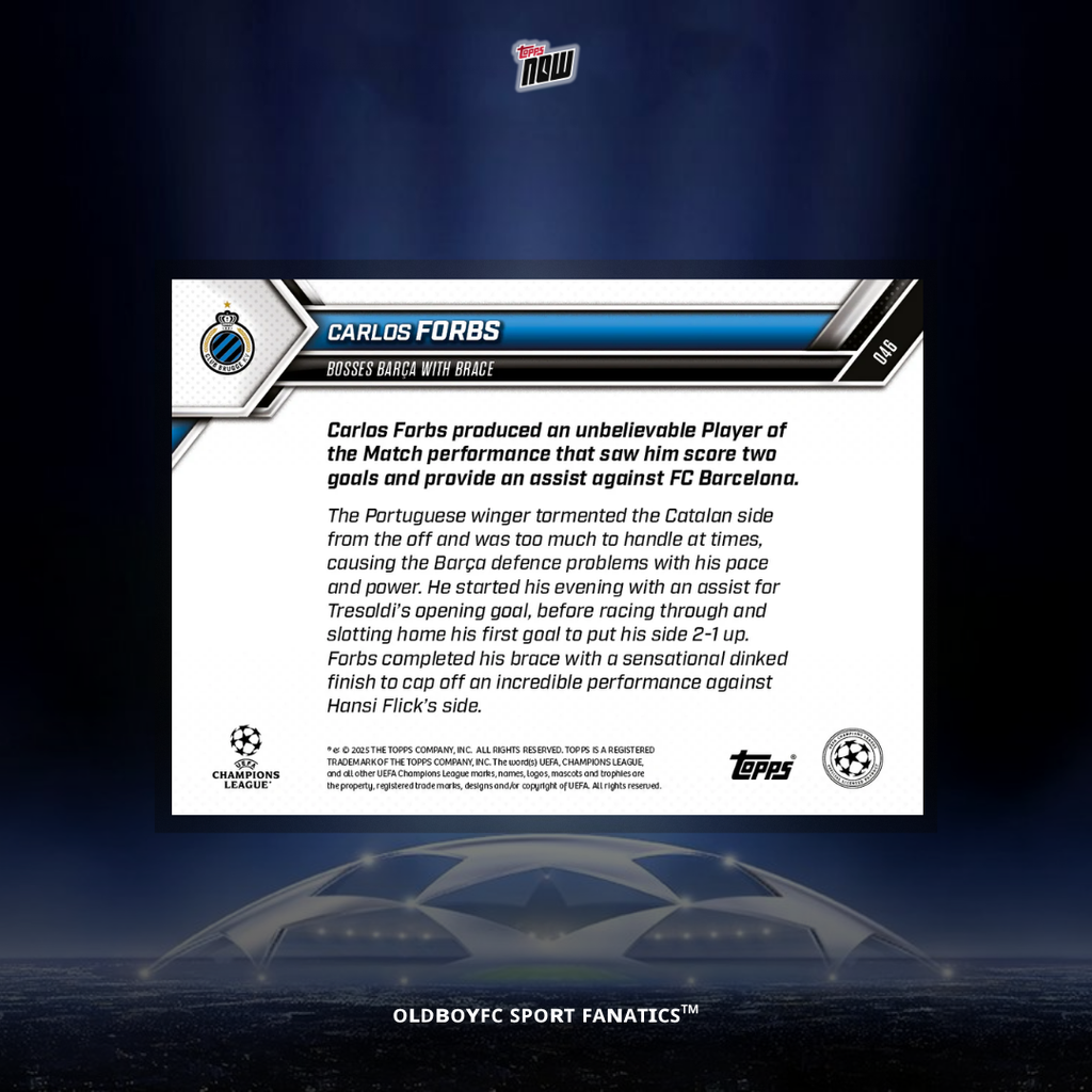 Topps Now Carlos Forbs 25/26 UCL 球星卡 背面圖