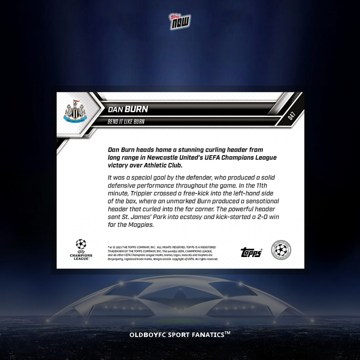 Topps Now Dan Burn 25/26 UCL 球星卡 背面圖