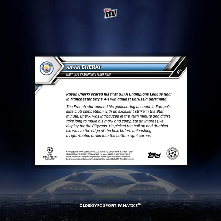 Topps Now Rayan Cherki 25/26 UCL 球星卡 背面圖